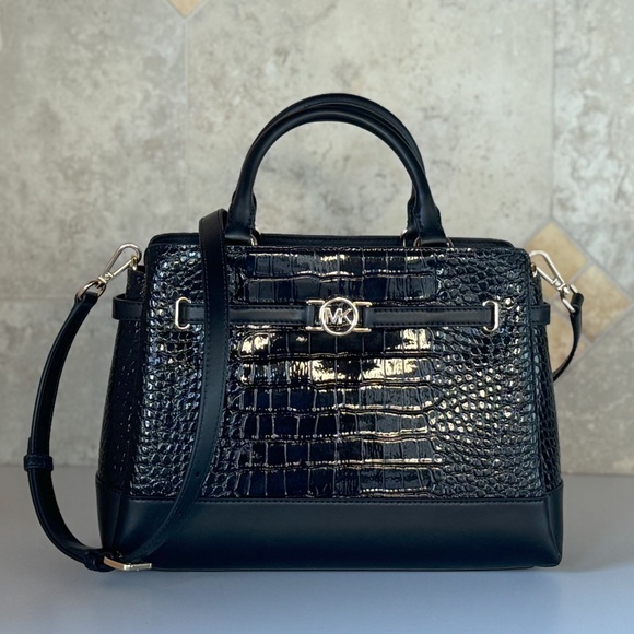 Michael Kors Reed Large Satchel Shoulder Bag Exotic Patent Black - Picture 12 of 12